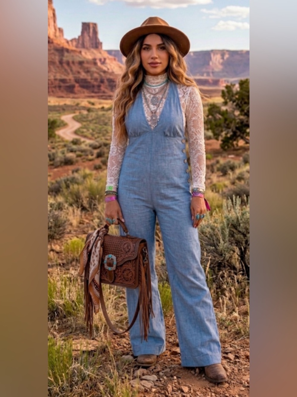 Free People Blue Denim-Effect Open-Back Jumpsuit